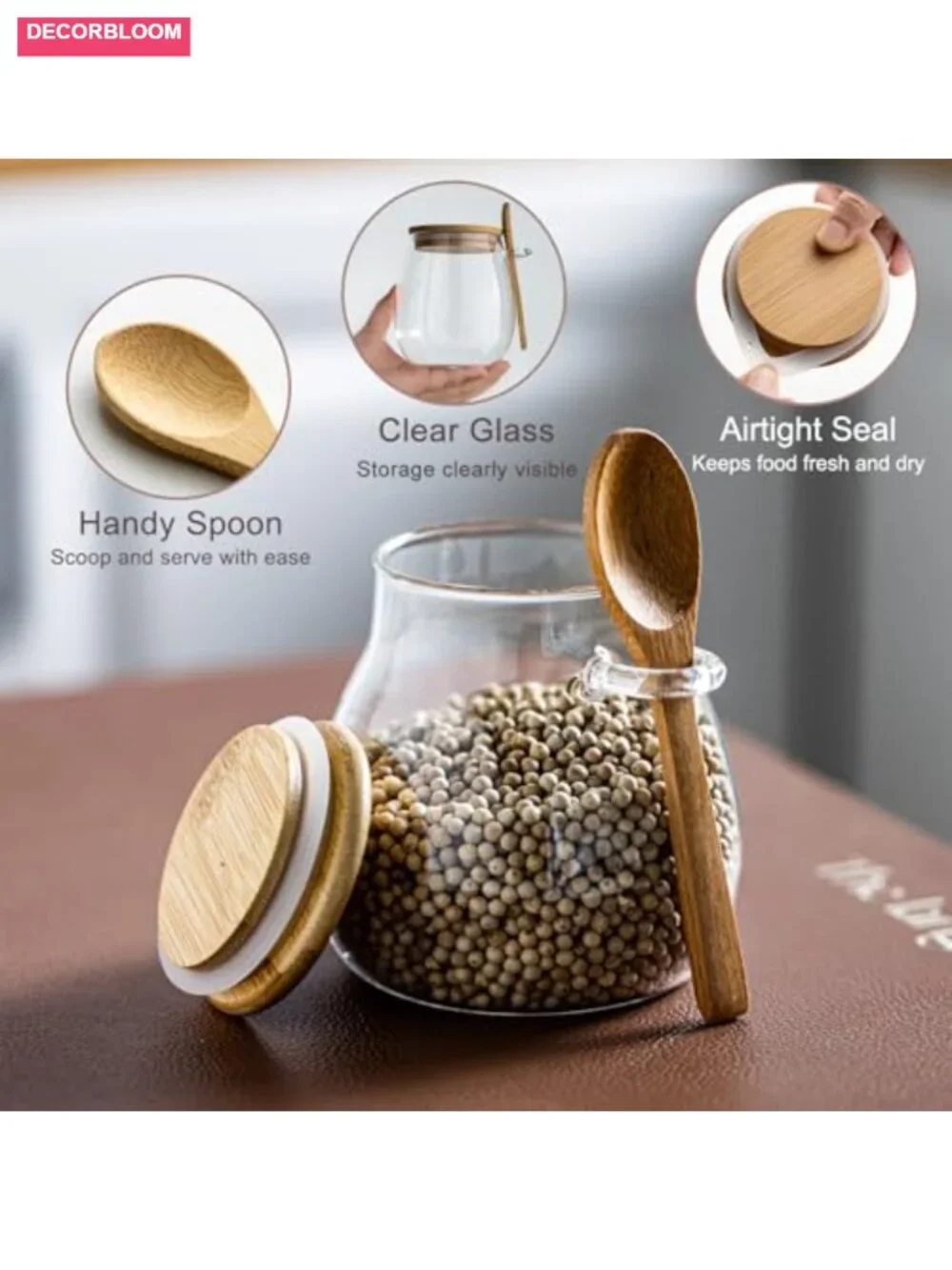 Airtight Glass Food Storage Jars with Bamboo Lid and Spoon
